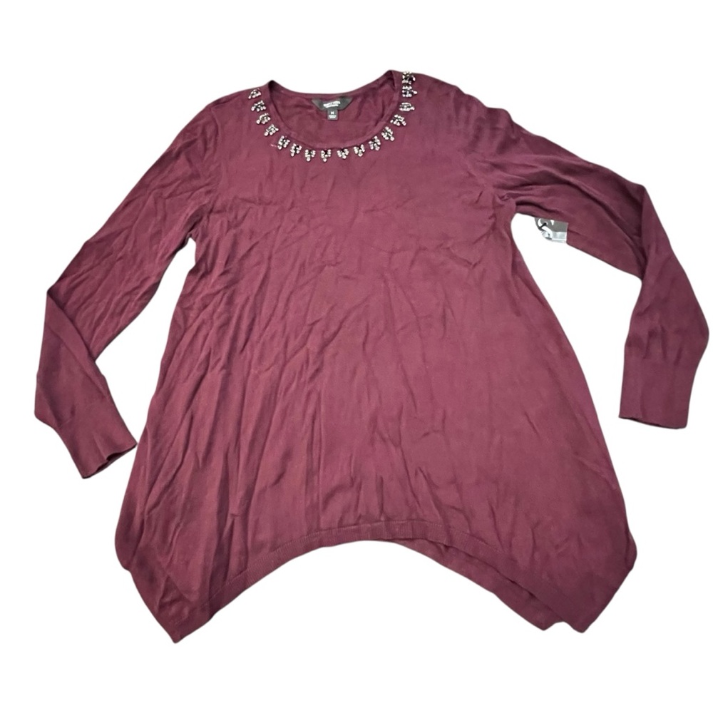 NEW Simply Vera Wang Embellished Handkerchief Hem Sweater Medium $58 Burgundy